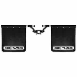 Front view of the Rock Tamers mudflap system showcasing its full coverage and durable design.