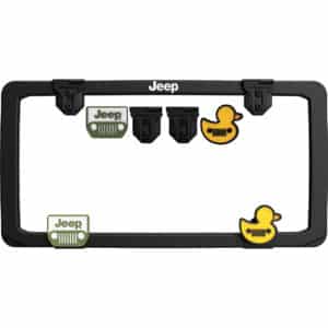 Cruiser Accessories Jeep license plate frame in matte black featuring Duck, Hinge and Jeep fastener covers, front view
