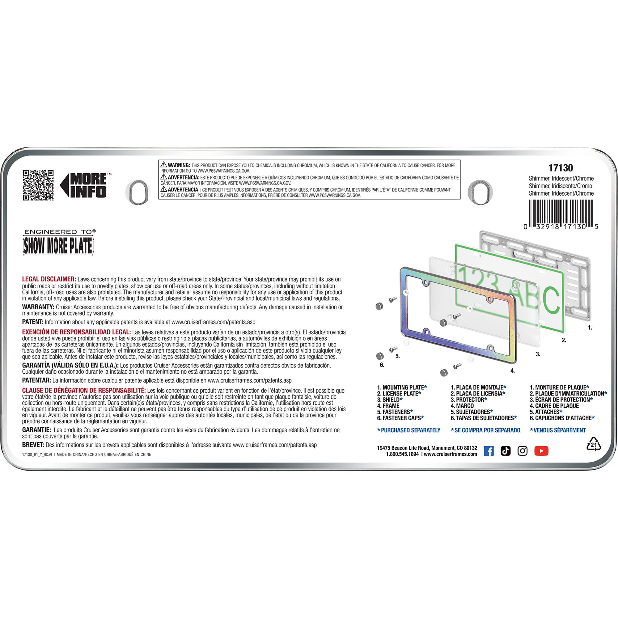 Shimmer License Plate Frame, Iridescent/Chrome