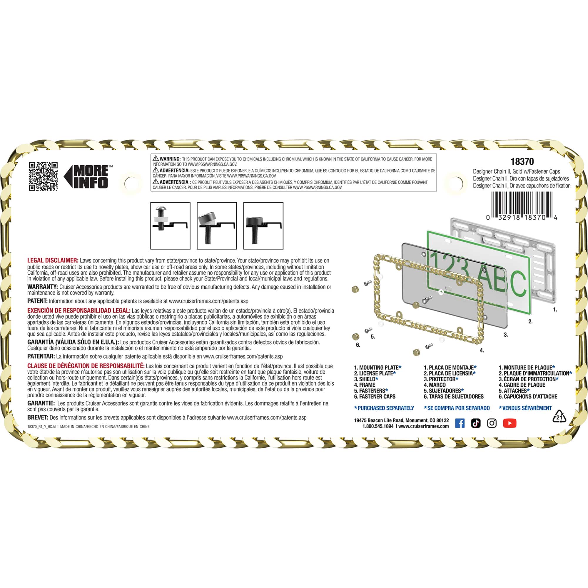 Designer Chain License Plate Frame, Gold (with fastener caps)