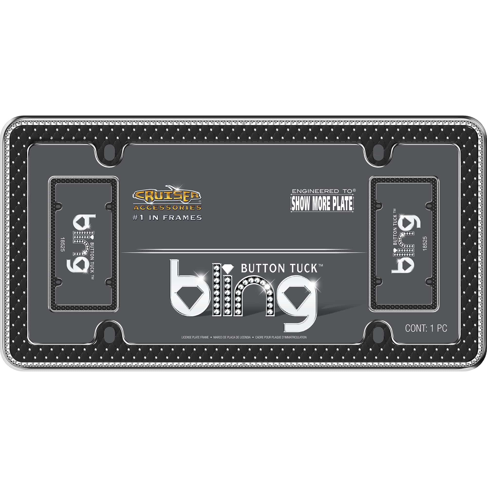 Button Tuck Bling License Plate Frame, Chrome/Black/Clear