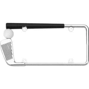Cruiser Accessories Golf club license plate frame in chrome with white ball and black golf handle, front view