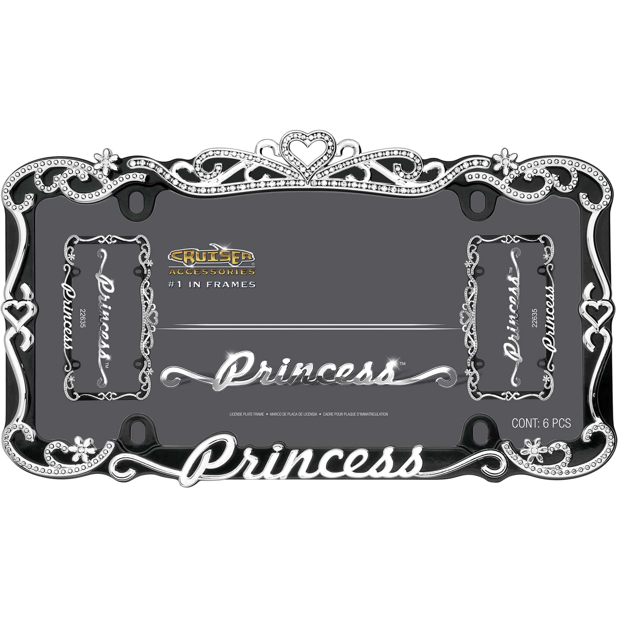 Princess License Plate Frame, Chrome/Black