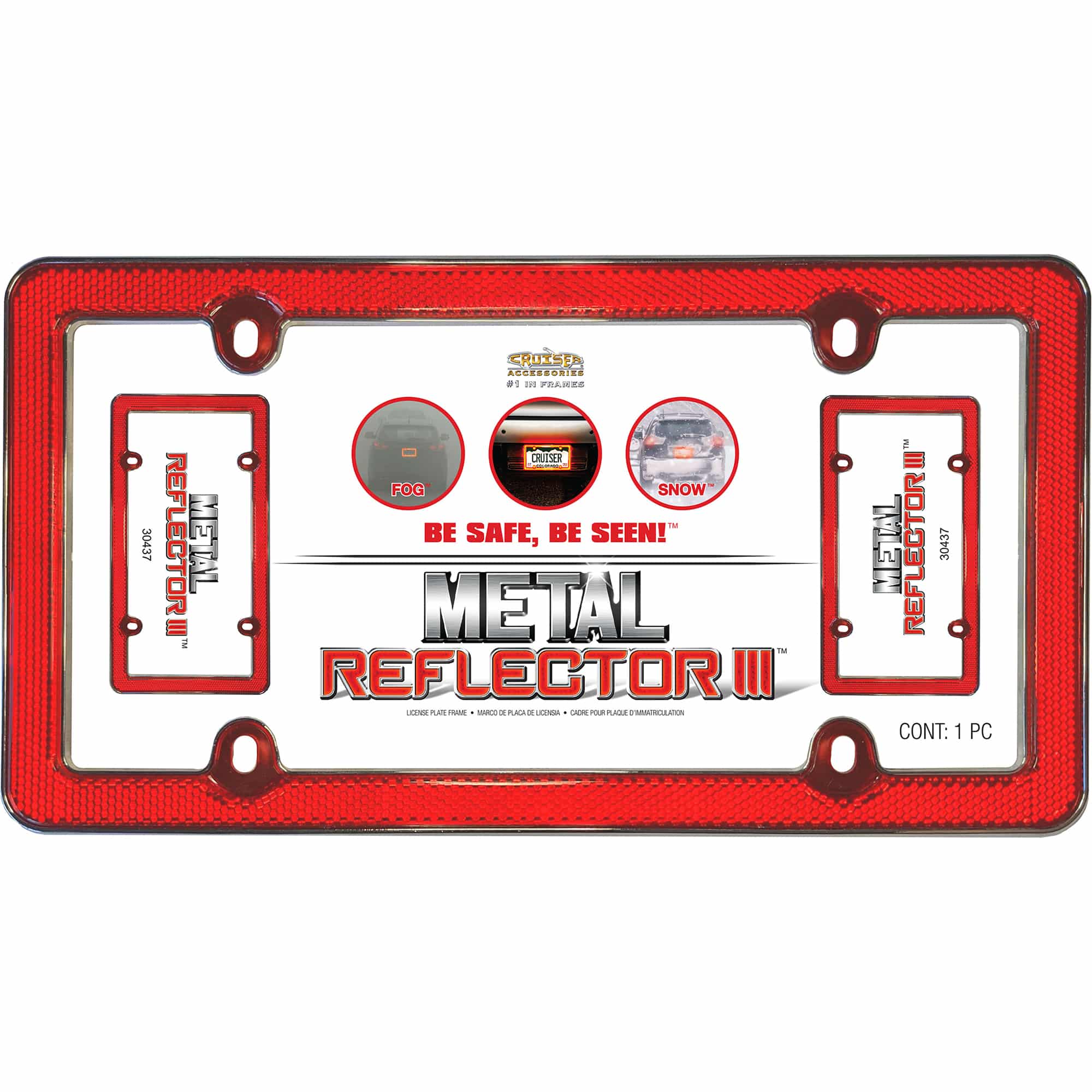 Metal Red Reflector III License Plate Frame, Red/Chrome