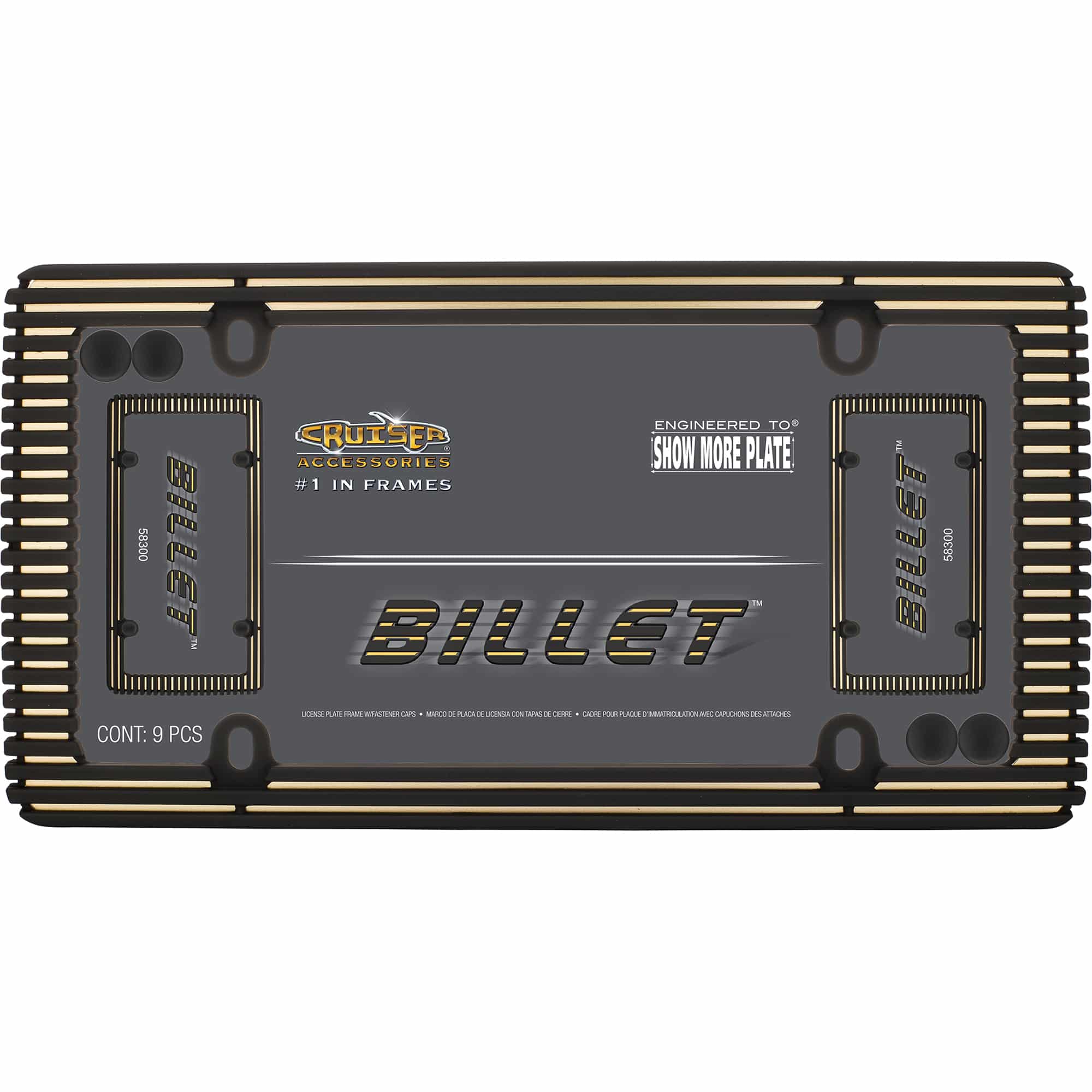 Billet License Plate Frame, Black/Gold (with fastener caps)
