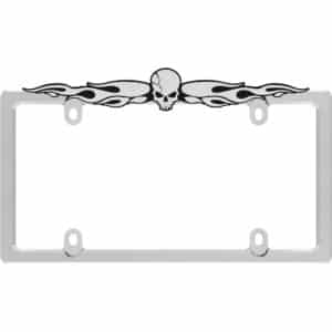 Cruiser Accessories Skull license plate frame in chrome and black emblem top view, front view