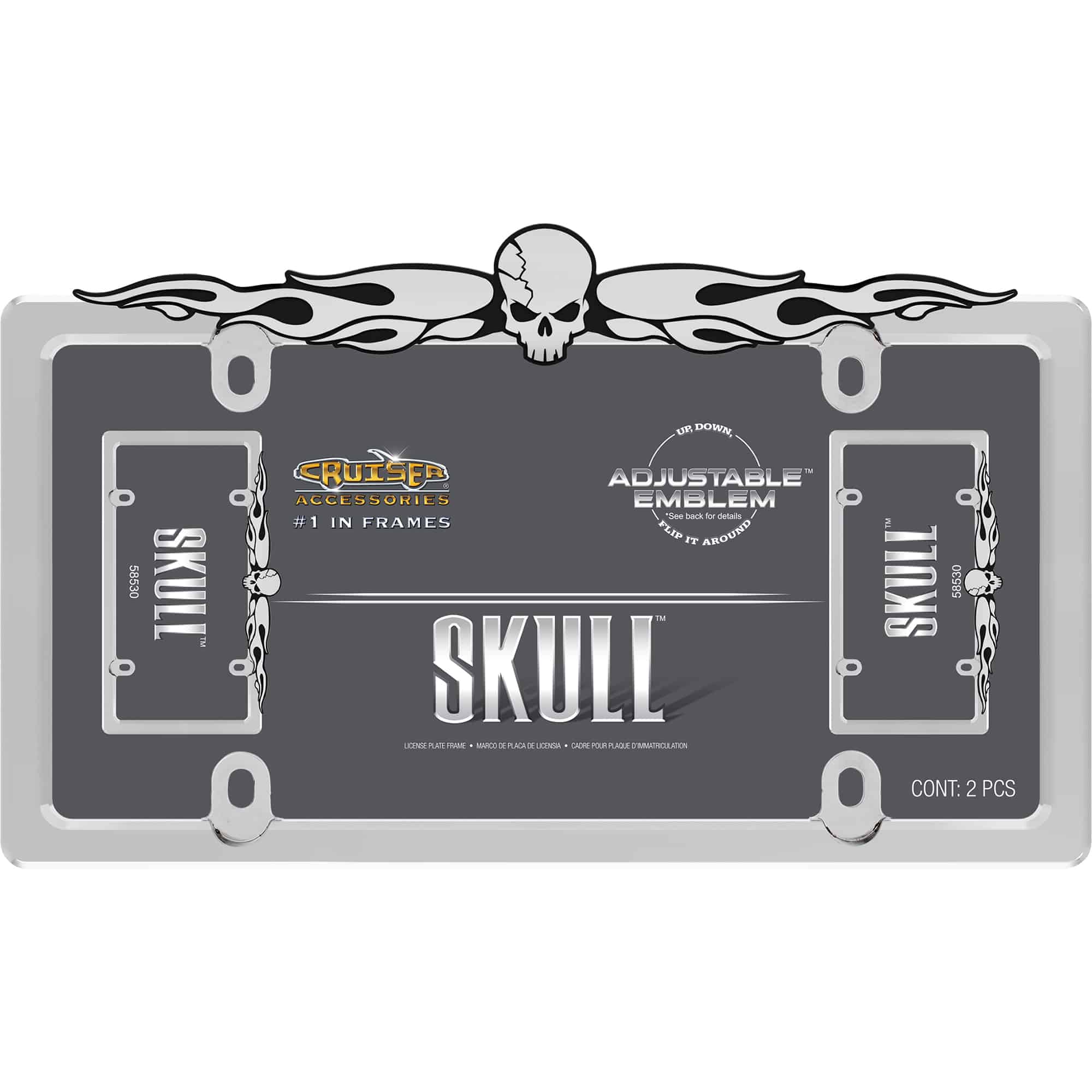 Skull License Plate Frame, Chrome/Chrome/Black