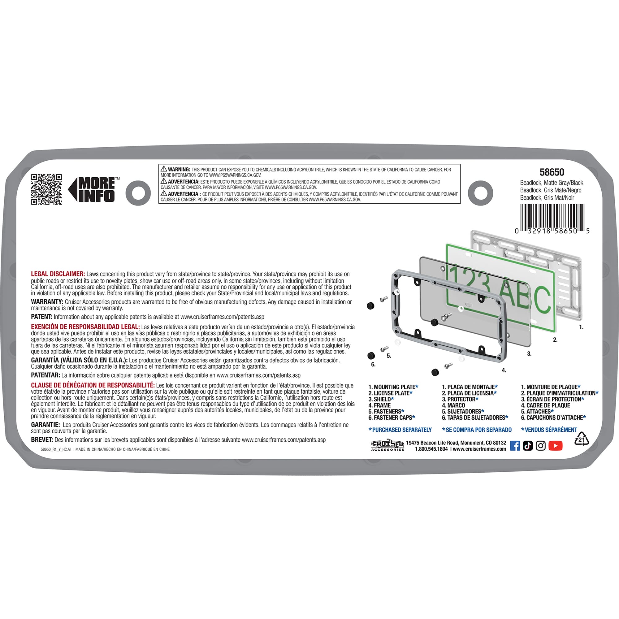 Beadlock License Plate Frame, Matte Gray/Black