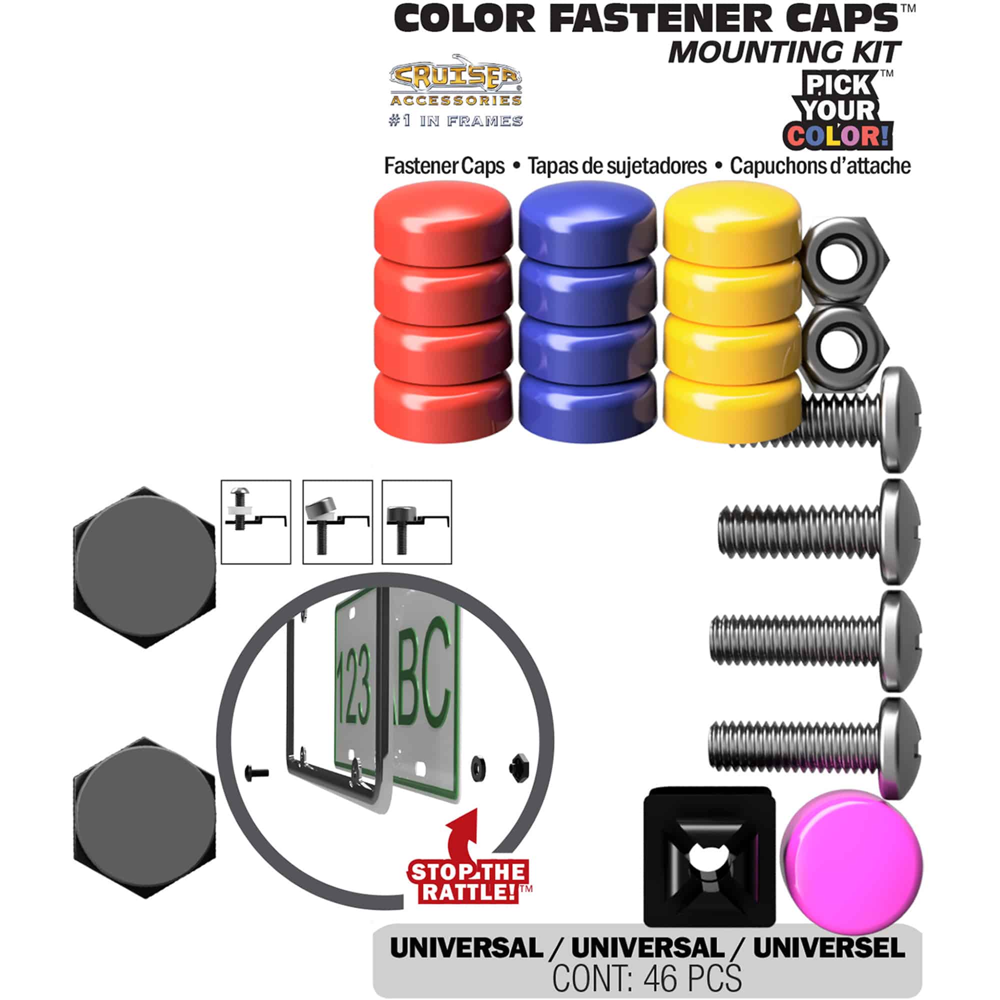 Color License Plate Fastener Caps, Mounting Kit