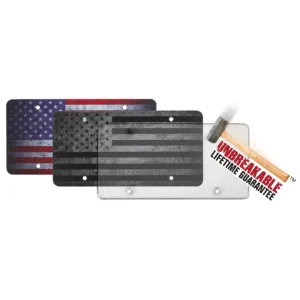 Cruiser Accessories Distressed Flag novelty license plate with clear shield, 2 sided view of front