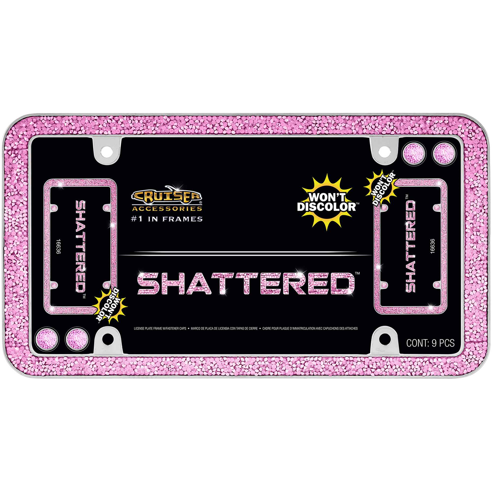 Shattered License Plate Frame, Chrome/Pink (with fastener caps)