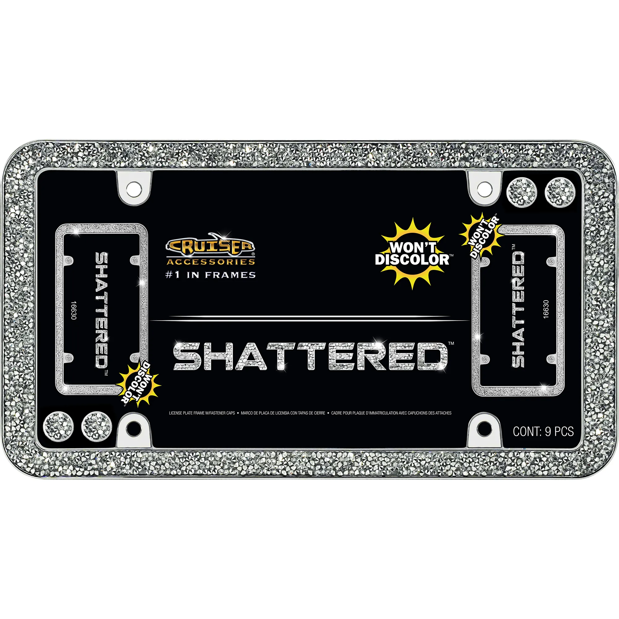Shattered License Plate Frame, Chrome/Clear (with fastener caps)