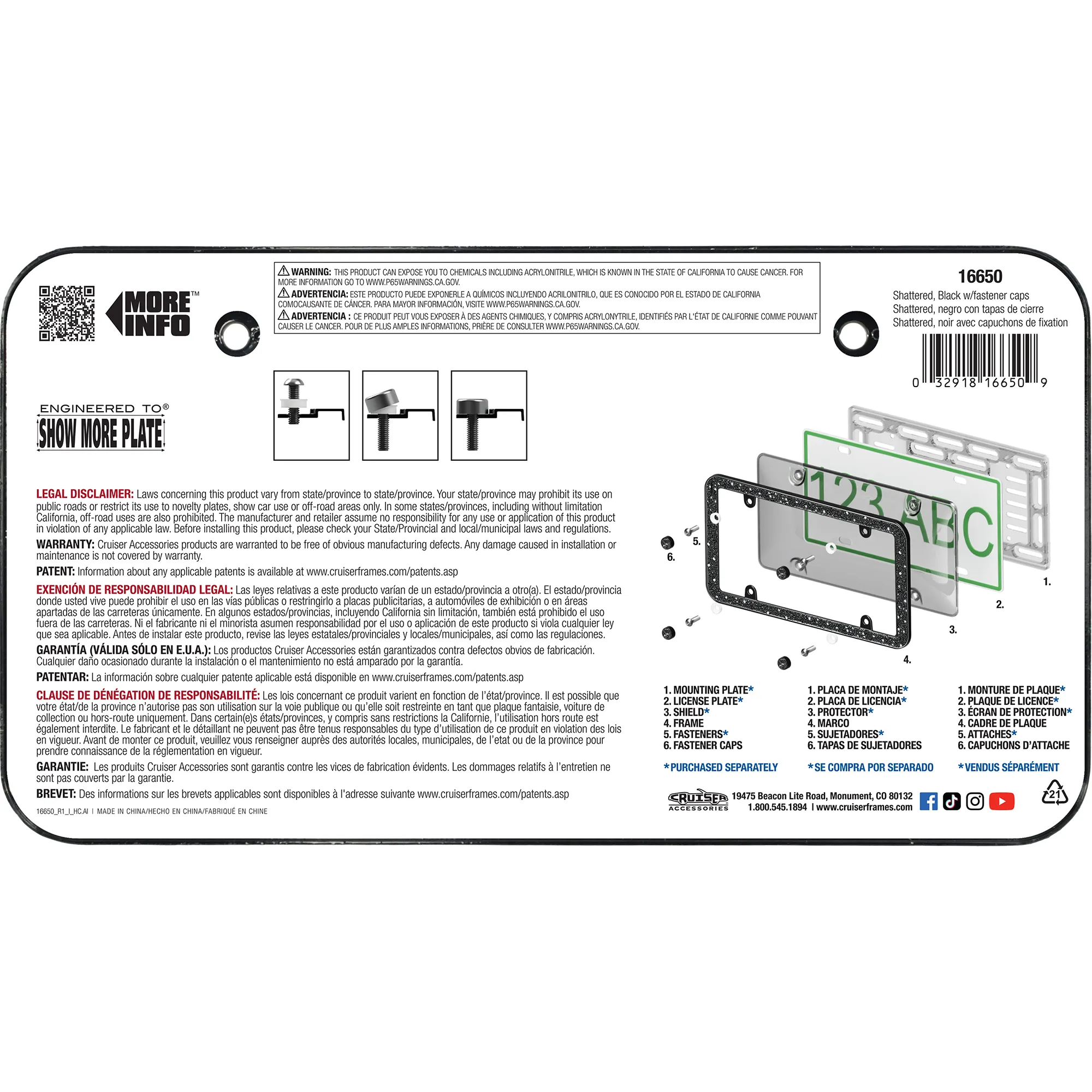 Shattered License Plate Frame, Black (with fastener caps)