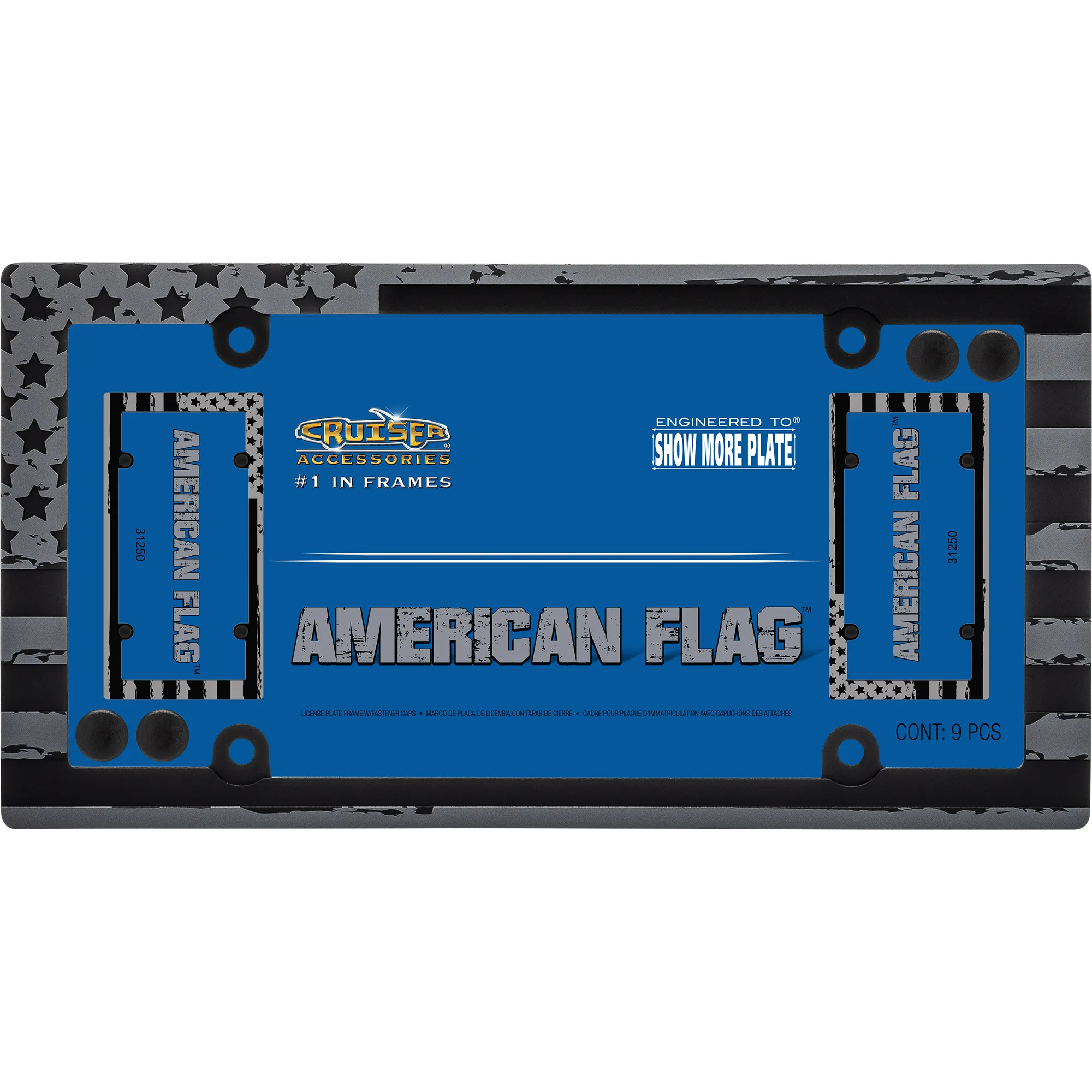 American Flag License Plate Frame, Black (with fastener caps)