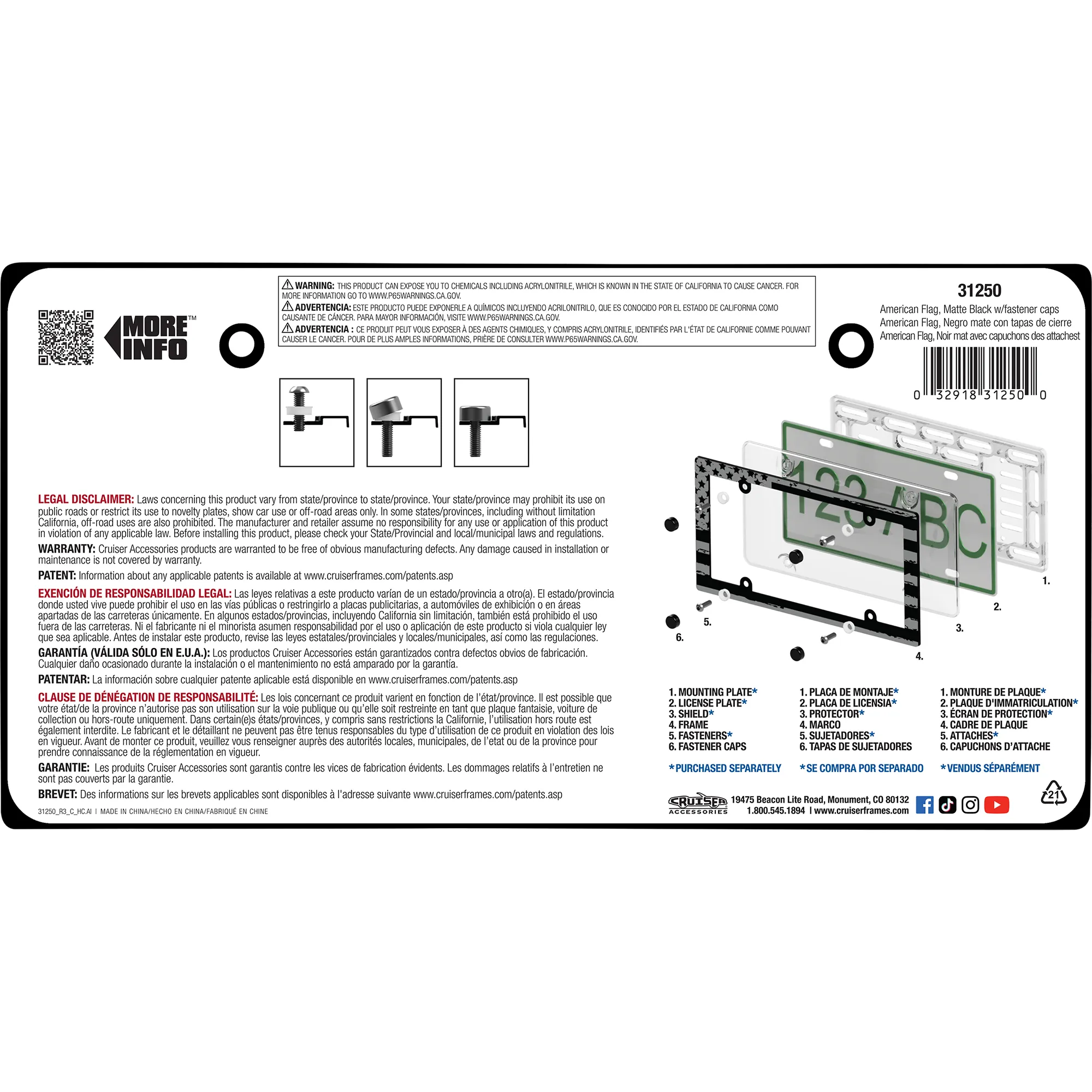 American Flag License Plate Frame, Black (with fastener caps)