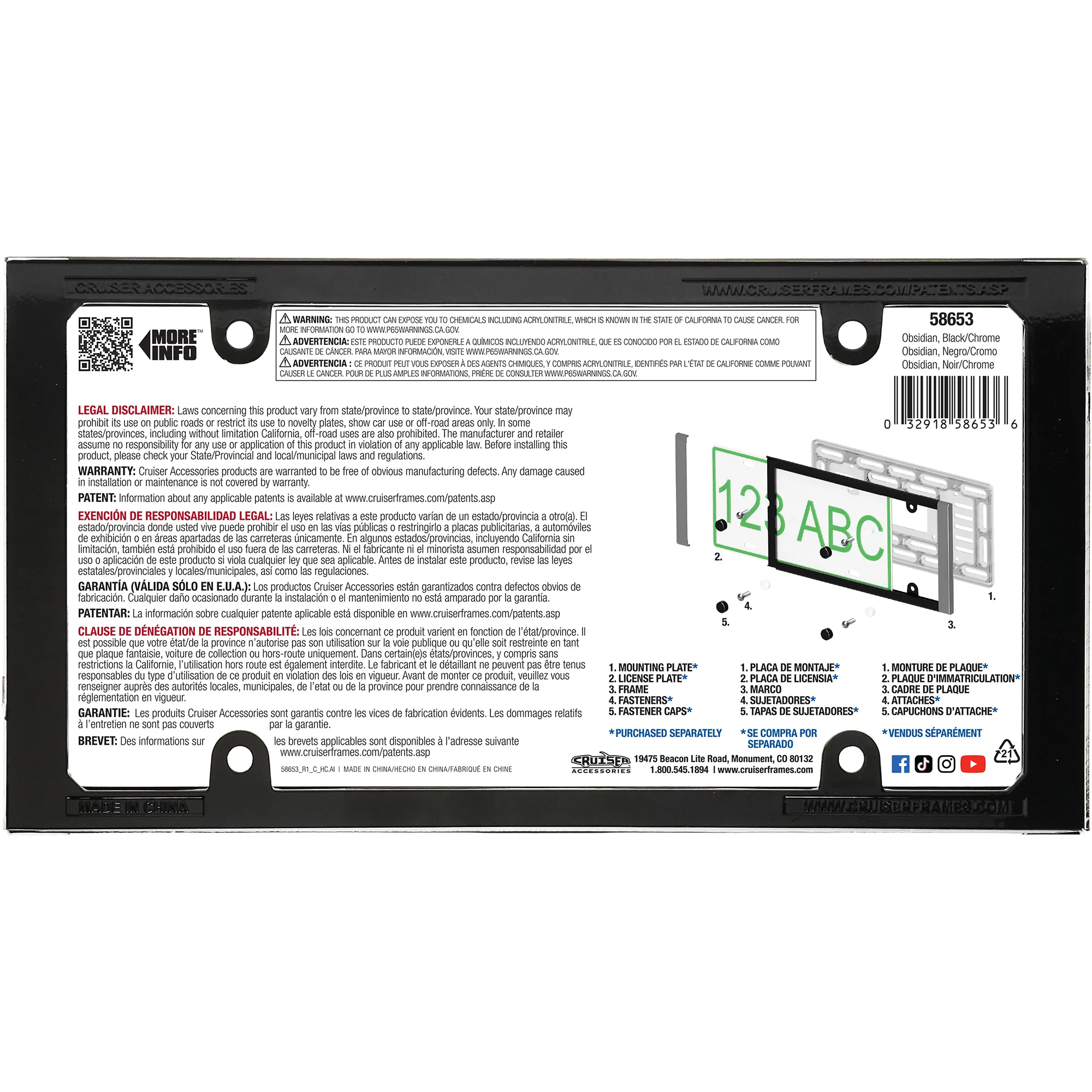 Obsidian License Plate Frame, Black/Chrome