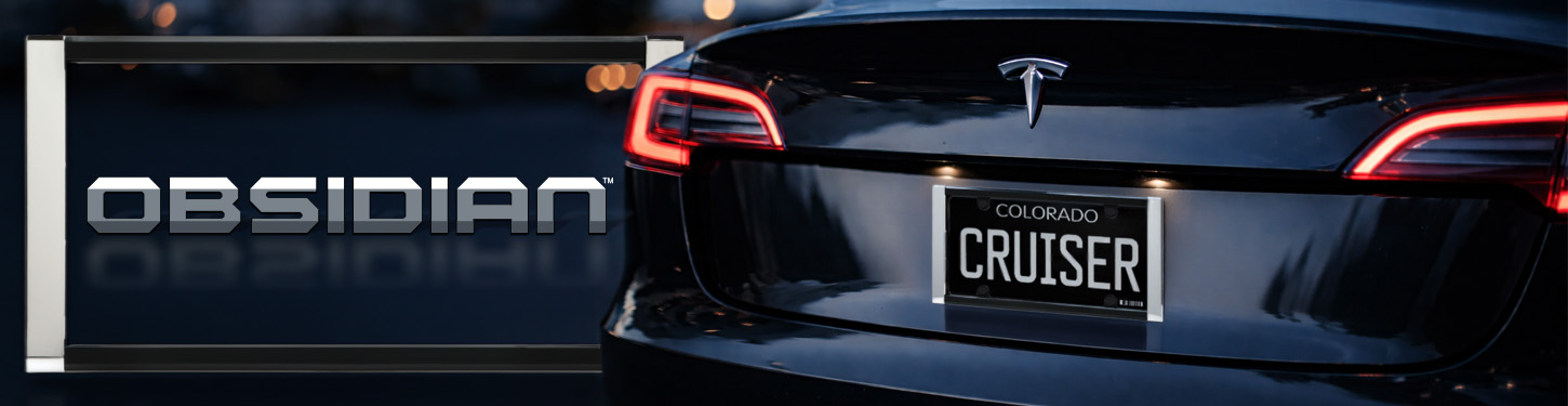 Cruiser Accessories banner featuring our sleek and stylish obsidian license plate frame on a vehicle.
