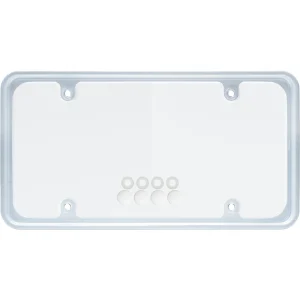 Cruiser Accessories Perimeter Combo white license plate frame with clear novelty plate shield, front of package view with fastener caps