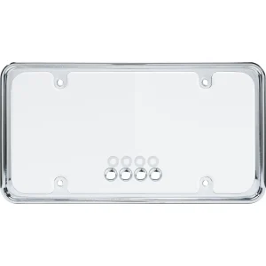 Cruiser Accessories Perimeter Combo chrome license plate frame with clear novelty plate shield, front of package view with fastener caps