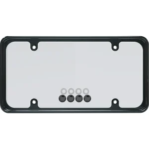 Cruiser Accessories Perimeter Combo black license plate frame with smoke novelty plate shield, front of package view with fastener caps
